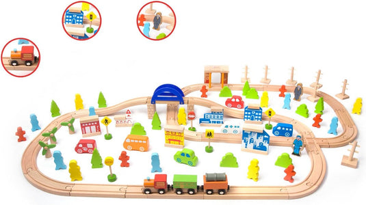 Classic world set spoorbaan houten trein + figuren 110 st.