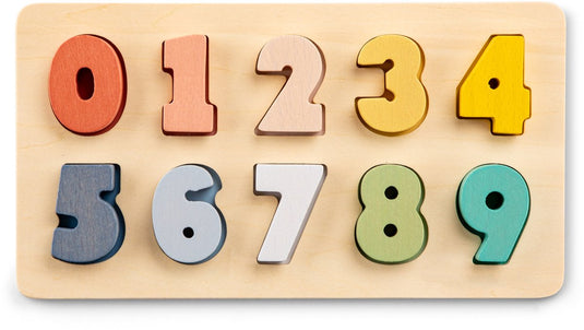 Woet ® houten cijferpuzzel - getallen 0 t m 9 - fsc - pastelkleurige cijfer puzzel - educatief leren tellen - peuterspeelgoed - vanaf 2 jaar