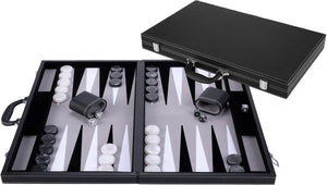 Engelhart backgammon 21 inch - grijs, zwart wit ingelegd bord - luxe zwarte koffer met handvat -