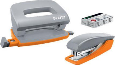 Leitz mini nietmachine + perforator - niet tot 10 vel - voor mappen en ringbanden - inclusief nietjes - ideaal voor school of studie - grijs oranje