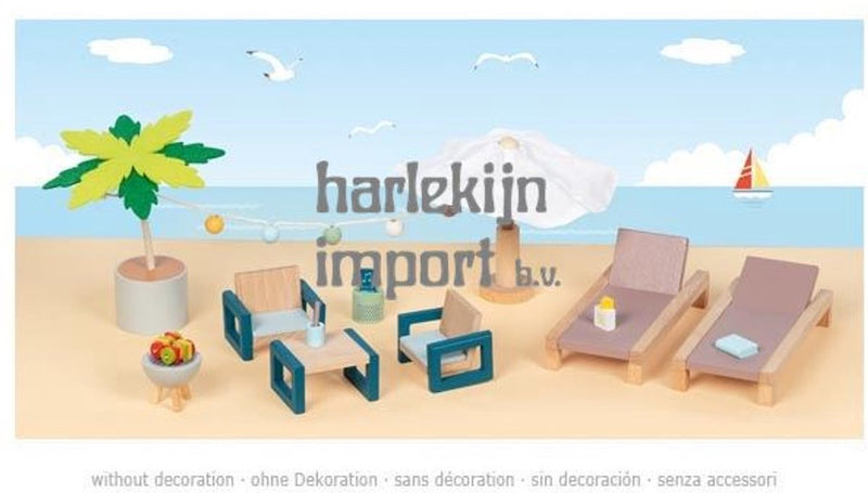 Afbeelding laden in galerijviewer, Goki poppenhuismeubeltjes: outdoor meubelset mallorca, 17-delig, ligbed 13x6x2,2cm, hout en tekstiel, 3+
