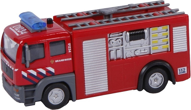 Afbeelding laden in galerijviewer, 2-play brandweer tankauto pull-back met licht en geluid 12 cm rood
