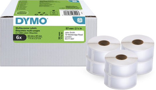 Dymo originele labelwriter multifunctionele labels | 32 mm x 57 m | 6 rollen met elk 1.000 labels (6.000 zelfklevende etiketten) | zelfklevend | voor de labelwriter labelprinters