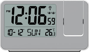 Technoline wt 534 - wekker - projectiewekker (180°) - digitaal - rechthoek - radiogestuurde tijdsaanduiding - 12 24h - datumaanduiding - binnentemperatuur - 12 24 - 2 alarmen - snooze - kunststof - cijfers - zilverkleurig