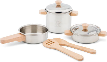 Woet ® metalen pannenset - 7-delige set met houten kookgerei - speelgoed keukenset - speelgoedkeuken accessoires voor kinderen - rollenspel keukenspeelgoed - vanaf 2 jaar