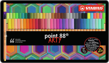 Stabilo point 88 - premium fineliner - fine 0,4 mm - metalen etui met 66 stuks - met 65 verschillende kleuren