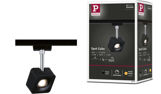 Paulmann urail railspot cube losse spot 540lm 8w 2700k dimbaar 230v zwart mat, chroom