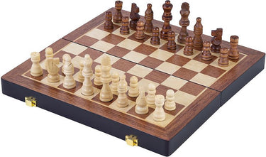 Engelhart schaakspel deluxe inklapbaar – houten schaakset van essenhout – luxe bruin schaakbord 24.5 x 24.5 x 5,0 cm – opklapbaar compact –