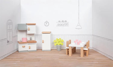 Goki poppenhuismeubeltjes: design keuken, 20-delig, 10x6,5x5cm (tafel), beukenhout en stof, 3+