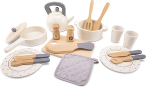 Woet ® houten servies en pannenset voor kinderen - 20-delige speelset met pannetjes, servies en bestek - speelgoedkeuken accessoires voor kinderen - rollenspel keukenspeelgoed - vanaf 2 jaar