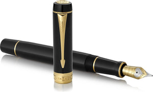 Parker duofold centennial vulpen | klassiek zwart met goud detail | medium puur gouden penpunt | zwarte inkt en converter | premium geschenkdoos