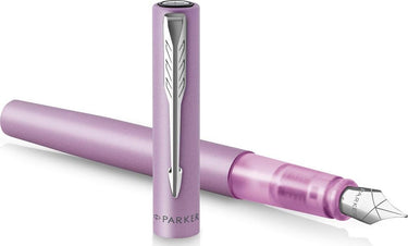 Parker vector xl vulpen | metallic lila lak op messing met chroom detail | medium penpunt met blauwe inkt navulling | cadeauverpakking