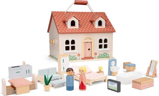 Woet ® houten draagbaar poppenhuis - compleet met 18 meubels en 2 poppetjes - pastelkleurig roze speelhuis voor kinderen - fsc - rollenspel speelgoed - vanaf 3 jaar