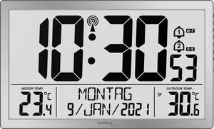 Technoline ws 8113 - wandklok - digitaal - rechthoek - radiogestuurde tijdsaanduiding en handmatig - 12 24 - datumaanduiding - 7 talen - binnen- en buitentemperatuur - 2 alarms - snooze - kunststof - cijfers - zilverkleurig