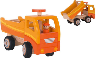 Goki houten kiepwagen oranje met draaibare wielen