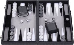 Engelhart backgammon 15 inch - zwart, wit grijs ingelegd bord - kunstlederen koffer met handvat -