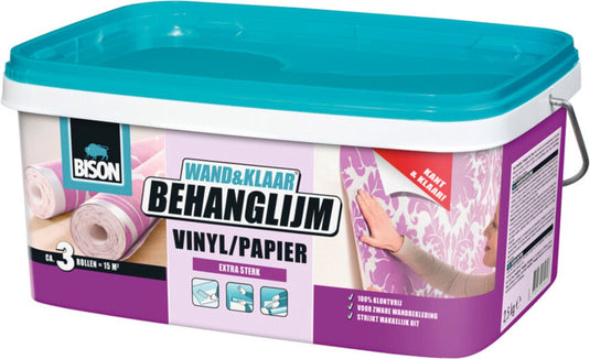 Bison wand klaar® behanglijm vinyl papier emmer 2,5 kg, kant en klaar, eenvoudig aanbrengen, corrigeerbaar, goede hechting, voor alle soorten behang met een vliesrug