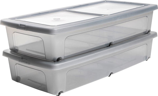 Iris clearbox opbergbox - onder-het-bed - 35l - kunststof - transparant grijs - met wielen - set van 2