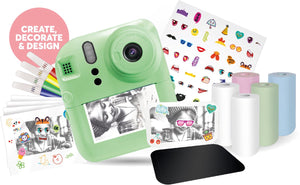Vision products photomaker kit instant print camera – kindercamera met 5 rollen printpapier, stiften, magneten, stickers – foto printer – spelletjes – 2.4” lcd scherm – groen – voor kinderen vanaf 4 jaar