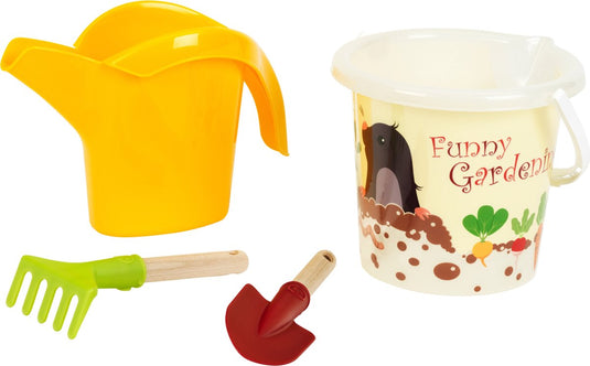 Klein toys little foot zand tuinset - 2l zandemmer, handschep, handhark en gieter - gerecycled plastic - multicolor