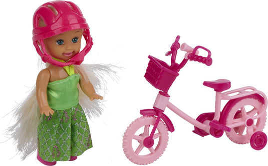 Eddy toys modepop mini met fiets - modepop met roze fiets en helm - speelset met zijwieltjes en mandje - mini pop met accessoires - groen en roze