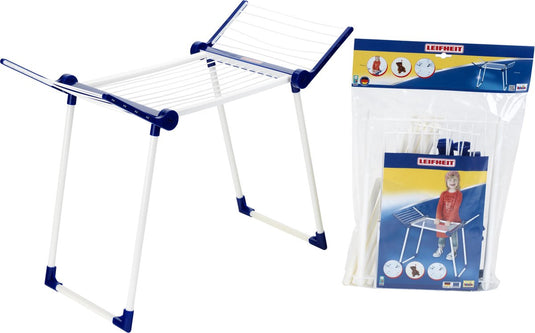 Klein toys leifheit droogrek - inklapbaar - 63x27x50 cm - ruimte voor poppenkleertjes of nat pluche speelgoed - blauw wit