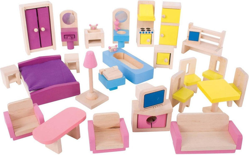 Afbeelding laden in galerijviewer, Bigjigs houten poppenhuis meubels, 27dlg.
