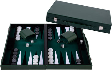 Longfield backgammon 18 inch - groen, zwart wit ingelegd bord - luxe groene koffer met handvat - engelhart