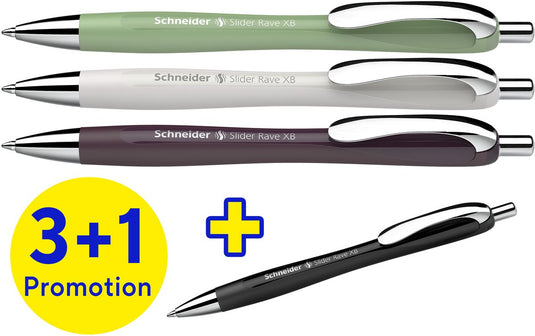 Schneider schrijfwaren schneider balpen - slider rave trend - penpunt xb - assorti doos 3 + 1 gratis - s-132684