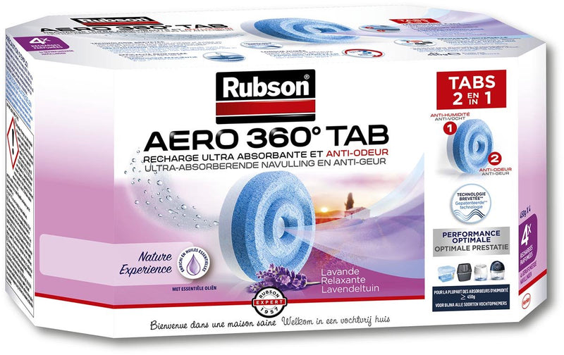 Afbeelding laden in galerijviewer, Rubson aero 360 navullingen lavendel 4 stuks | luchtontvochtiger navulling | vochtopnemer navul tabs | kamer ontvochtiger vochtopnemer tabs | badkamer luchtontvochter.
