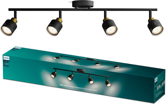 Philips led philips niall spot - plafondspot met vier lichtpunten - zwart met goud design - gu10 led fitting