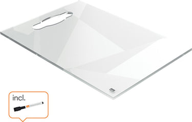 Nobo a4 draagbaar acryl mini whiteboard voor op bureau - geïntegreerd handvat, droog uitwisbaar - 210 x 297 millimeter - inclusief marker - transparant