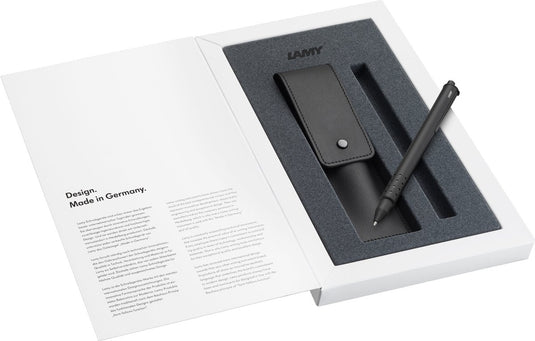 Lamy swift rollerpen 330 set | roestvrij staal zwart | inclusief m 66 b rollerballvulling blauw | echtleren etui zwart voor 2 schrijfinstrumenten