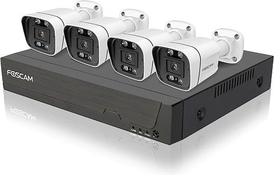 Foscam fn9108e-b4-2t poe beveiligingssysteem – 8-kanaals 5mp nvr kit met 4 bullet camera’s – persoons- en voertuigdetectie – nachtzicht – h.264+ – plug play – 2tb hdd – zwart