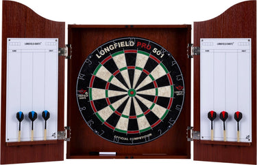 Engelhart dart cabinet hout rood bruin – sisal dartbord – 6 steeltip darts 18 g – marker wisser – wedstrijdbord – beschermt muur en dartbord – longfield