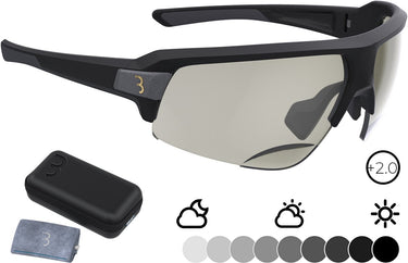 Bbb cycling fietsbril op sterkte impulse reader ph - fietsbril meekleurende glazen - fietsbril heren en dames met fotochromatische glazen op sterkte - sportbril met leesgedeelte +2.0 - mat zwart - bsg-64ph