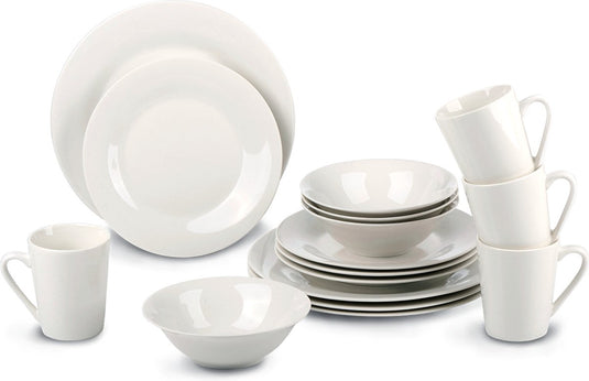 Alpina serviesset 16-delig - bordenset diner 4 persoons - aardewerk servies - dinerborden, dessertborden, kommen en mokken - magnetron en vaatwasser bestendig - wit