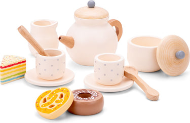 Woet ® houten theeservies crème - 14-delige theeset met theepot, kopjes en gebakjes - fsc - rollenspel servies speelgoed - vanaf 2 jaar
