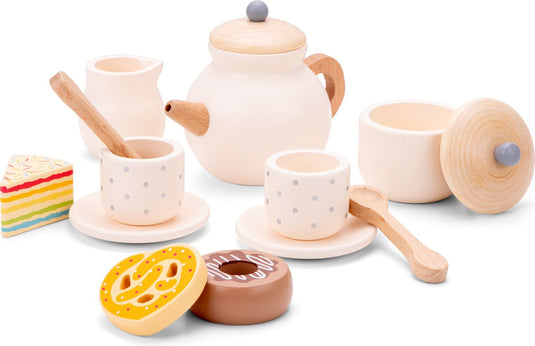Woet ® houten theeservies crème - 14-delige theeset met theepot, kopjes en gebakjes - fsc - rollenspel servies speelgoed - vanaf 2 jaar