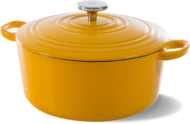 Bk bourgogne braadpan gietijzer 28cm 6.7l - inductie braadpan - gietijzeren braadpan - ovenbestendig tot 230 graden - deksel met druipringen - wit geëmailleerde binnenkant - sunny yellow