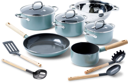 Greenpan mayflower koekenpannenset 13-delig - 13 18 20 24 28cm - 1.6 2.6l - pfas-vrije antikleeflaag - pannenset inductie - keramische pan - niet ovenbestendig - koudgrepen - blauw