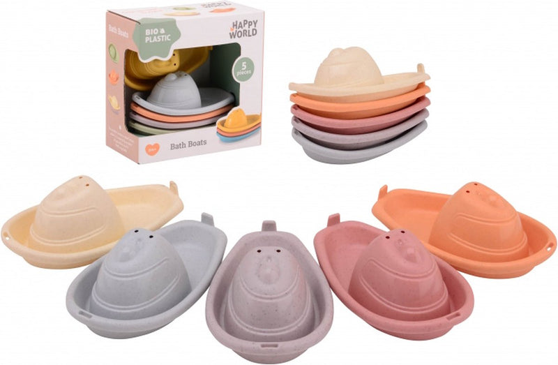 Afbeelding laden in galerijviewer, Johntoy bioplastic badbootjes happy world 5 stuks stapelbaar speelgoed.
