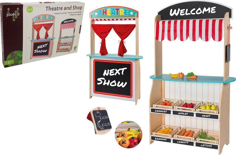 Afbeelding laden in galerijviewer, Jouéco houten theater en winkel 2 in 1 - met accessoires - vanaf 3 jaar
