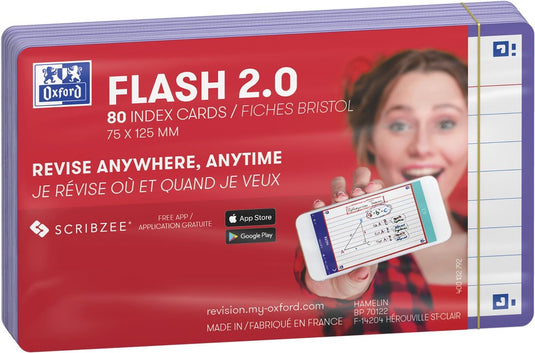 Oxford flash 2.0 - flashcards - gelijnd - a7 - paarse rand - 80 stuks