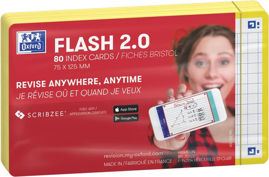 Oxford flash 2.0 - flashcards - geruit 5mm - a7 - gele rand - 80 stuks