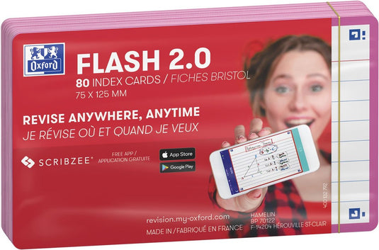 Oxford flash 2.0 - flashcards - gelijnd - a7 - fuchsia rand - 80 stuks
