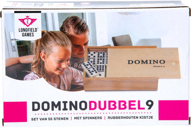 Engelhart domino dubbel 9 groot – 55 domino stenen met zwarte ogen spinners – inclusief houten kist met schuifdeksel –
