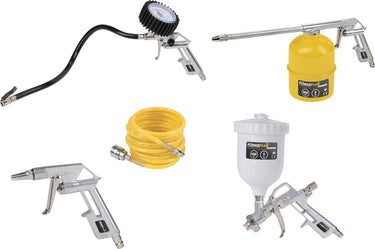 Powerplus powair0020 pneumatische basisset - 5 delig - incl. waspistool, bandenvulpistool, luchtpistool, spiraalslang en verfspuit