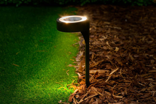 Grundig solar tuinlamp - tuinverlichting met warm wit licht op zonne-energie - buitenlamp met grondspies - led solar lamp ip44 - ø10 x 29 cm - zwart