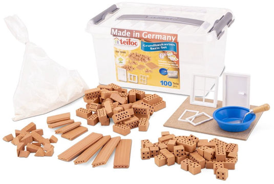 Teifoc ® bouwdoos – basis set - meer dan 100 onderdelen – echte mini bakstenen met cement, kom en troffel – bouwpakket voor kinderen vanaf 6 jaar